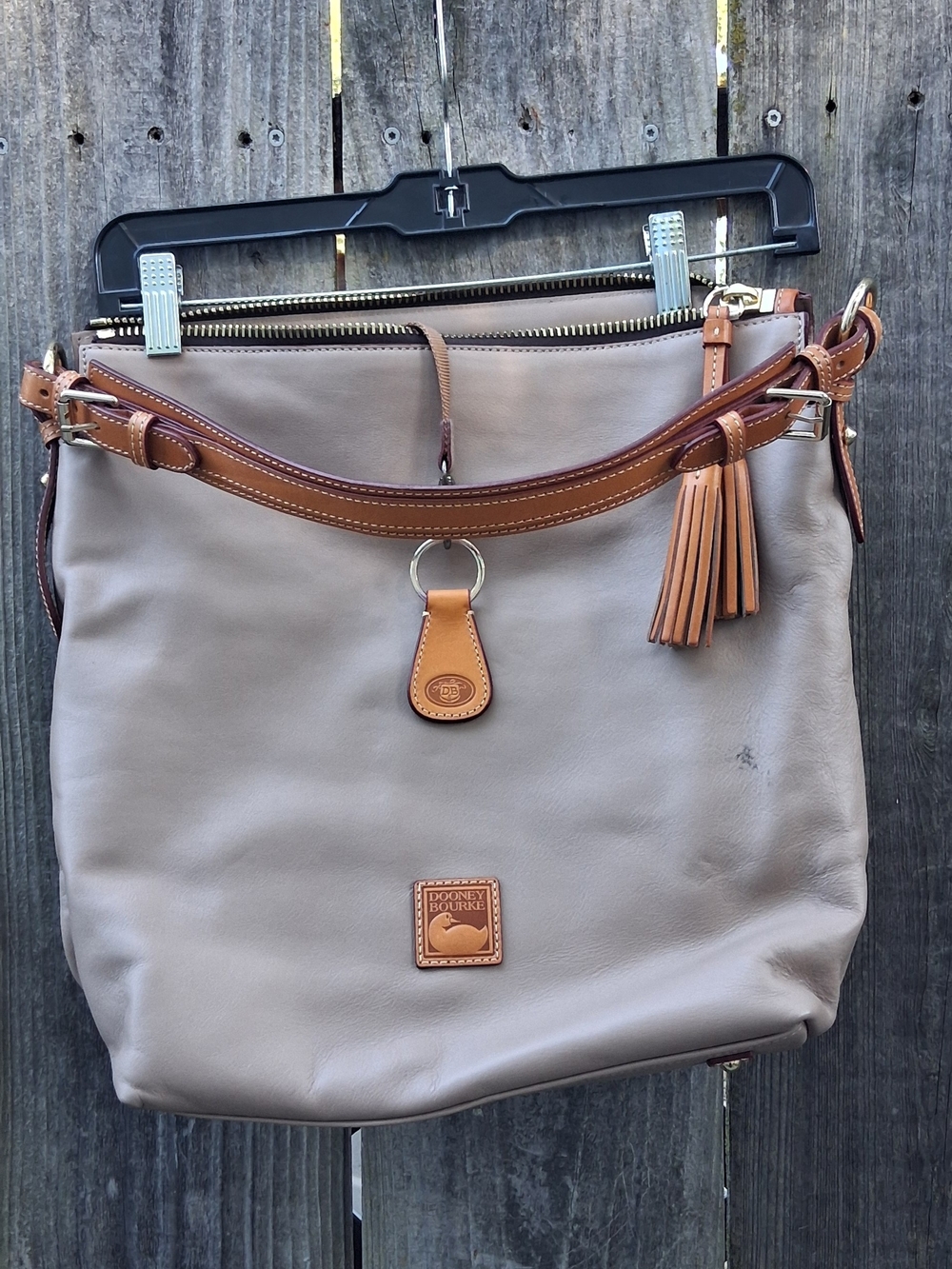 Dooney & Bourke Taupe Leather Shoulder Bag with Tan Trim